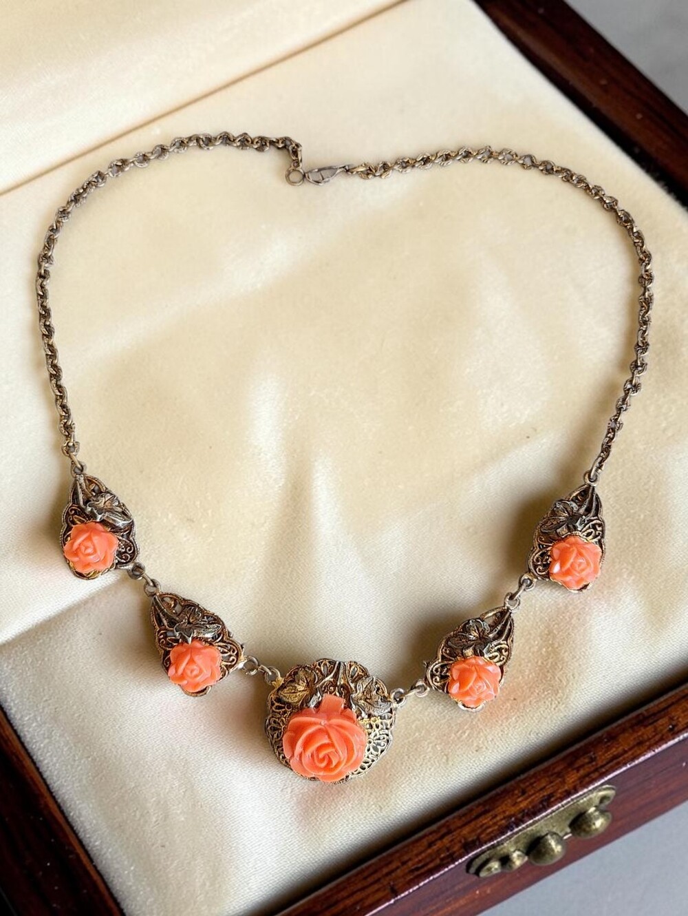 Antique Coral Celluloid Roses Necklace